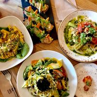 Chickpea tofu, apricot hummus, butternut squash bruschetta, Ayurvedic salad  at Wild Food Cafe in London