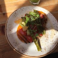 Squash bruschetta. I thought they meant squash topping on GF bread, but, surprise!, it was a slab of squash. I wasn’t sure about it when I saw it, but ended up enjoying it   at Wild Food Cafe in London