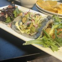 Three of their tacos. The deep fried avocado, pozole, and potato    at The Adelitas Mexican Restaurant in Chicago