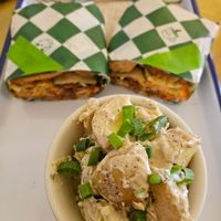Jackfruit Sandwich and potato salad at Golden Goods Sandwich & Bake Shop in Hood River