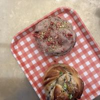 Everything bagel and pistachio bun   at Golden Goods Sandwich & Bake Shop in Hood River