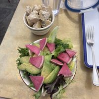 House salad with avocado added and potato salad on side.  at Golden Goods Sandwich & Bake Shop in Hood River