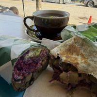 Breakfast burrito and coffeee  at Golden Goods Sandwich & Bake Shop in Hood River