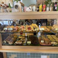 Stacked vegan pastry case  at Golden Goods Sandwich & Bake Shop in Hood River