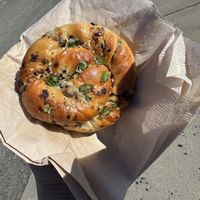 Onion breakfast bun   at Golden Goods Sandwich & Bake Shop in Hood River