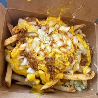 Chz burger FF Mac salad with everything on it!   Can’t resist a vegan plate!  at Squatcho's in Rochester