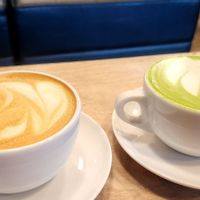 A latte and a Matcha latte at Heritage Coffeehouse in Shasta Lake
