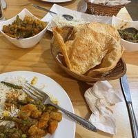 Mushroom Mutter, rice, pappadums, mixed vegetable curry and roti   at Southern Star Inn Indian Restaurant in Goulburn