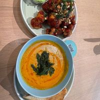 Cauliflower wings and potato & carrot soup at Common Grounds in Dubai