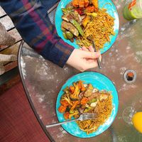 Pure city lo mein, General tsos tofu, and black pepper veggie slices at Pure City in Pine Bush