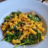 Vegan tagliatelle with spinach but the pasta had to be exchanged. Was rraöly tasty 💓 at Surfers Lodge Restaurant in Ferrel