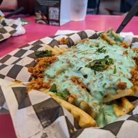 The "nasty" fries, not the full garbage plate. Not seen here is the puddle that formed at the bottom of the basket from the TVP "chili" at The Dirty V in Raleigh