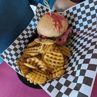 Betty burger with waffle fries at The Dirty V in Apex