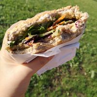 seitan burger with a bit of everything fresh and vegan mayo.  at Green Point in Zagreb