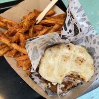 The pulled beef sandwich with sweet potato fries   at VegeDub in Dubrovnik