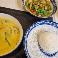 Green and red curry with rice at Eurasian Restaurant in Phuket