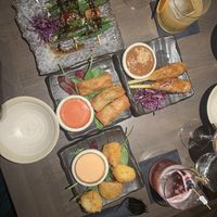 Okra Skewers, Jackfruit Skewers, “Cheese” Balls, Spring Rolls  at Citta Vegan Izakaya in Hamburg