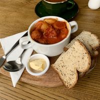 Spicy sausage stew & bread (gluten-free)  at Prosper in Ely
