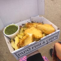 Tofish (battered tofu) small chips & mushy peas. at Papa's Fish and Chips in Whitby