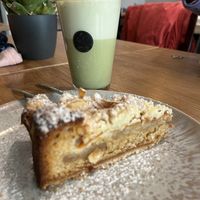 Apricot crumble cake and matcha latte   at Emmi's Kitchen - Schwabing in Munich