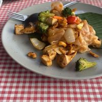 Fried rice noodles with cashew sauce and veggies  at Spring Rolls Lanta in Koh Lanta