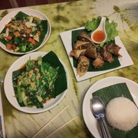 Pang cha vegetables, fried spring rolls, stir-fried kale and steamed rice at Spring Rolls Lanta in Koh Lanta