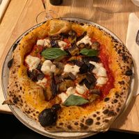 Vegan margherita with extra aubergine  at Basils in Brussels