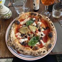 Vegan margherita with extra aubergine  at Basils in Brussels