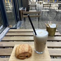 Vegan pain au chocolat and iced oat lattee  at MIR concept store... coffee and more in Brussels