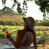 Chilling at the wine tasting veranda of the organic vineyard at Mykonos Vioma  in Mykonos