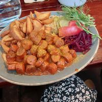 Really good currywurst. Not spicy as it says in the menu tho. Really big portion at Plevna in Tampere