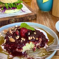 Vegan pancake and vegan burger   at Almond in Canggu