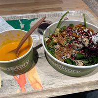 Pumpkin cream soup (coconut based, possibly vegan), vegan teriyaki salad. at WAW - Salad Story - Gate 32 in Warsaw