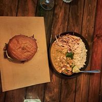 Peanut butter curry & Pulled pork burger at SOIL Vegan Café - East in Amsterdam