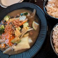 Roasted garlic with vegetables. Brown rice at Moon Thai Sushi in Blowing Rock