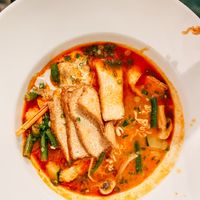 Delicious Tom Yum noodle soup. Super flavorful: sweet, salty, spicy, sour. It had vegetables and fruits (!) in it. One of the best noodle soups I’ve ever had   at Enjoy Saigon in Bergen