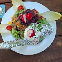Ovenpotato with Soyschmand and Salad at Löwenbräukeller in Munich