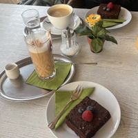 Vegan Brownies and Chai Latte with oat milk. Coffee crema    at Schlosscafe in Bad Mergentheim
