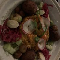 Lentil croquettes with chickpea stew, avocado and hearts of palm.  at Alma in Cartagena