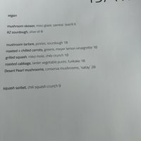 Vegan menu   at BATA in Tucson