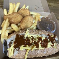 $19.99 snack box - Plant based maple macon dog with sauerkraut, vegan cheese and curry ketchup and plant based nuggets   at 5 Dogs in Fortitude Valley