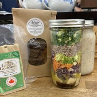 My haul: Cruciferous Crunch Salad Jar, Miso Mushroom Soup Jar, French Onion Flax Crackers, and Green Goddess Beer & Chive Cheddar at Apothecary Kitchen  in Hamilton