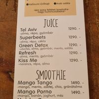 Hungarian Juice menu at Csicseri Gozsdu in Budapest