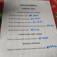 Menu, vegan options:Pastel de Pinhão, pastel de vento at Café do Vô Marçal e Artesanato da Vó Maria in Cambara Do Sul