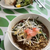 Vegan ramen and burrito which came with a mountain of plain lettuce leaves  at El Arbol in Santiago