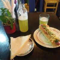 Um pancho caprichado e um sanduba vegano de jamon y queso.  at La Vegana in Buenos Aires