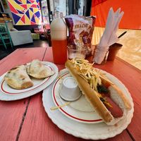 Empanadas and hot dog  at La Vegana in Buenos Aires