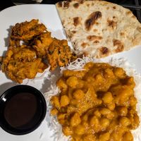Pakora, Naan, channa masala (all vegan) at India Town in Wyoming
