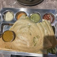 Coriander and potato stuffed dosa (rightmost dip is leftover starter)  at Crispy Dosa in Windsor
