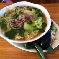Pho noodle soup - Vegetable broth with star anise, ginger, and cinnamon poured over rice noodles. Topped with cilantro, red and green onions, a dash of black pepper, bean sprouts, lime, Thai basil, and jalapeno. at Oh Mai Vietnamese Sandwich Kitchen in South Salt Lake